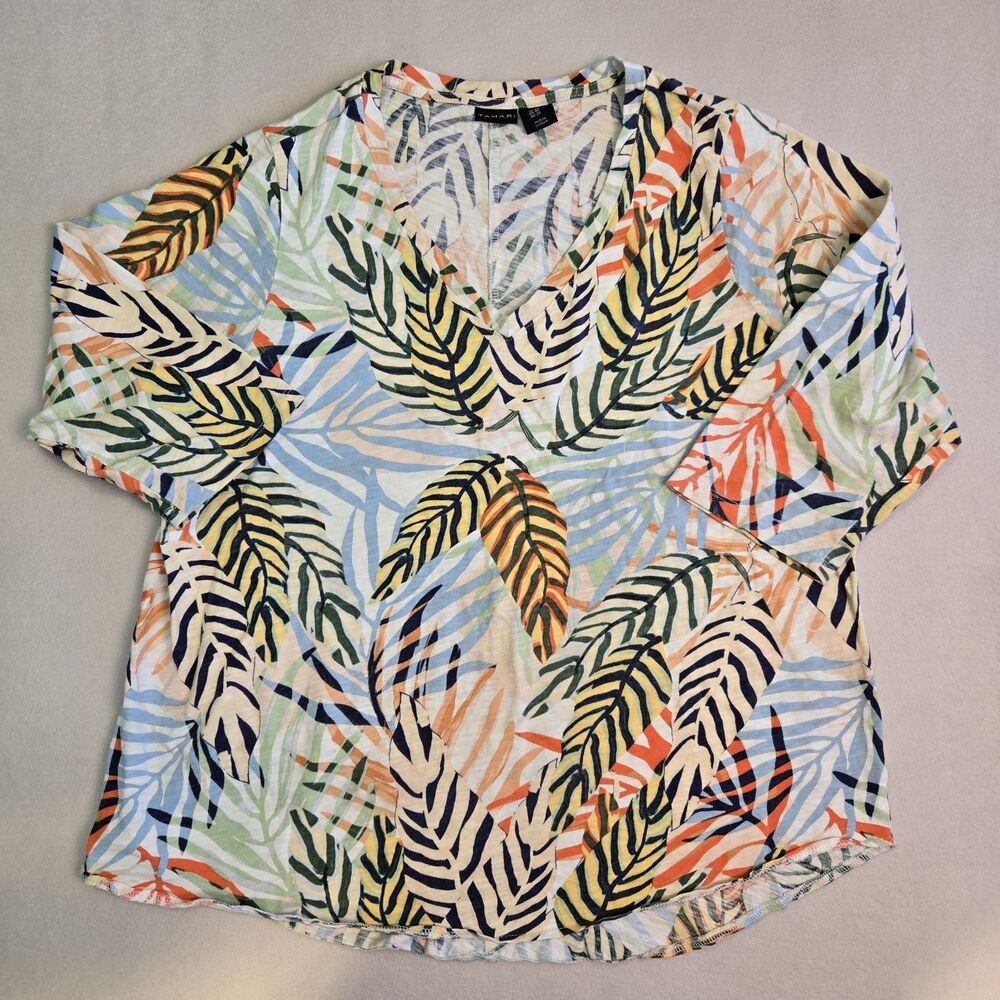 Tahari Tropical Leaf Print V-Neck Top Women’s Size 1X Multicolor Cotton Blouse